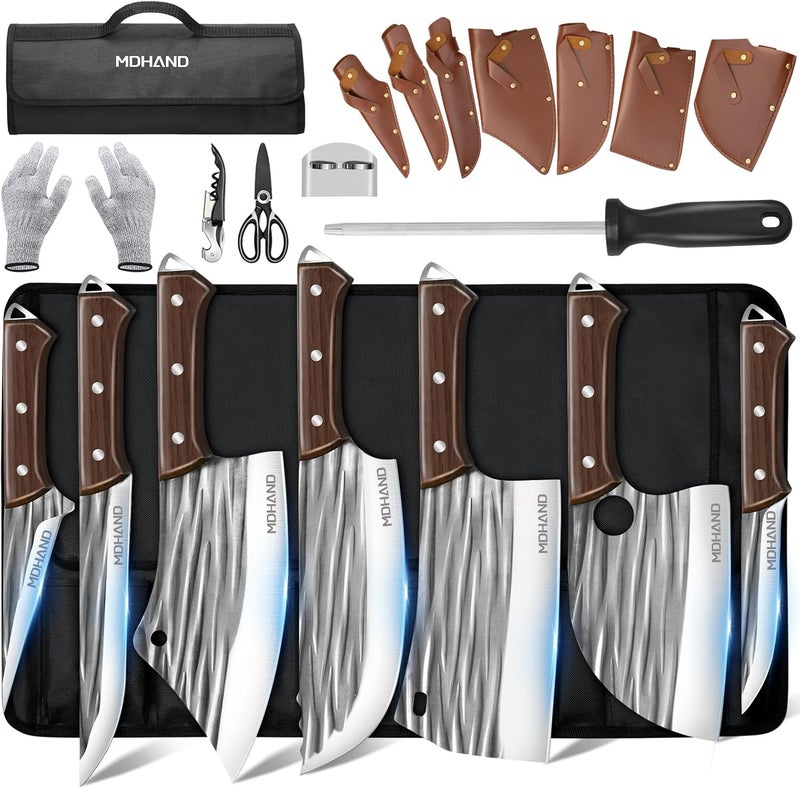 MDHAND 14PCS Professional Butcher Knife Set with Roll Bag, Hand Forged Serbian Chef Knife Set, Heavy Duty Meat Cleaver Knives, Boning Knife, Meat Cutting Knife for Kitchen, Gift for Men, BBQ, Camping - Image 1